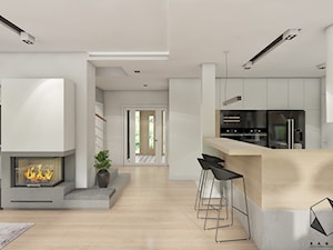 (Warszawa) Projekt domu jednorodzinnego 13 - Duży biały szary salon z kuchnią, styl nowoczesny - zdjęcie od BAGUA Pracownia Architektury Wnętrz