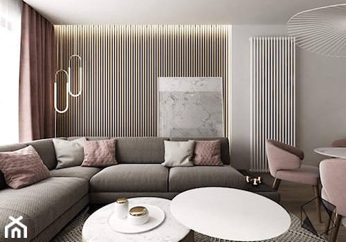 Projekt mieszkania 6 - Średni brązowy szary salon z jadalnią, styl nowoczesny - zdjęcie od BAGUA Pracownia Architektury Wnętrz