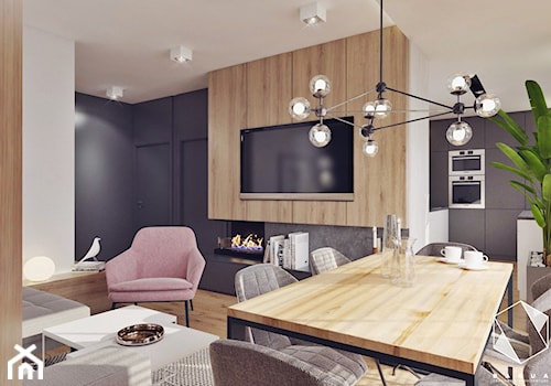 M11 - mieszkanie w Opolu - Średni beżowy biały czarny szary salon z kuchnią z jadalnią, styl nowoczesny - zdjęcie od BAGUA Pracownia Architektury Wnętrz