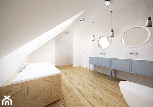 Skandynawski minimalizm - Duża na poddaszu z dwoma umywalkami łazienka z oknem, styl skandynawski - zdjęcie od Amicus Design