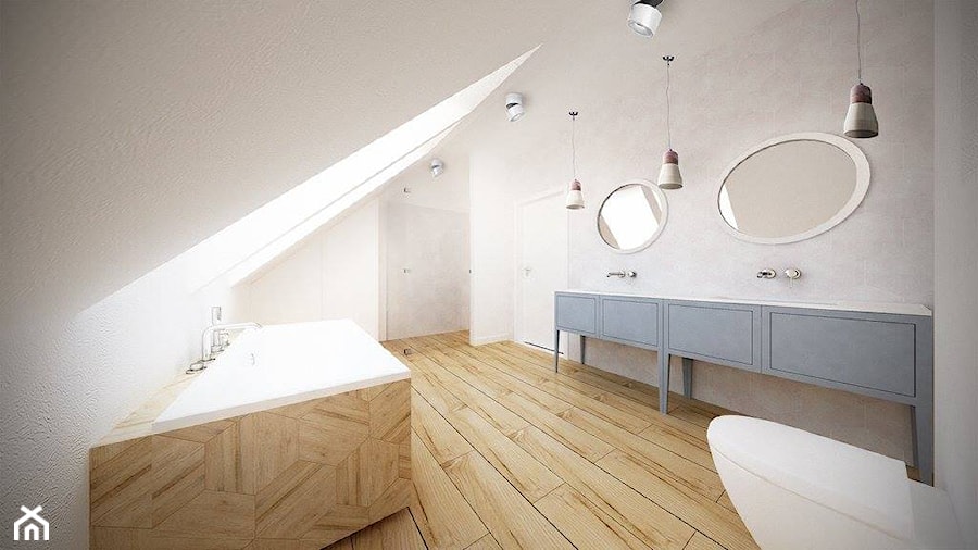Skandynawski minimalizm - Duża na poddaszu z dwoma umywalkami łazienka z oknem, styl skandynawski - zdjęcie od Amicus Design