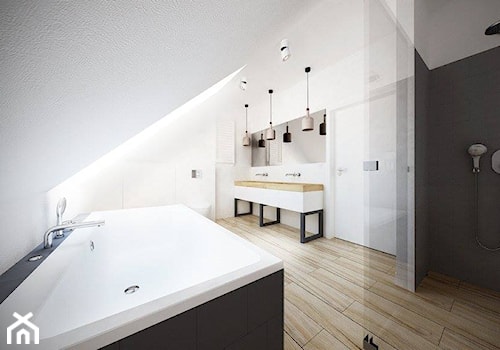 Skandynawski minimalizm - Duża na poddaszu bez okna z dwoma umywalkami łazienka, styl skandynawski - zdjęcie od Amicus Design