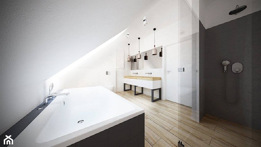 Skandynawski minimalizm - Duża na poddaszu bez okna z dwoma umywalkami łazienka, styl skandynawski - zdjęcie od Amicus Design