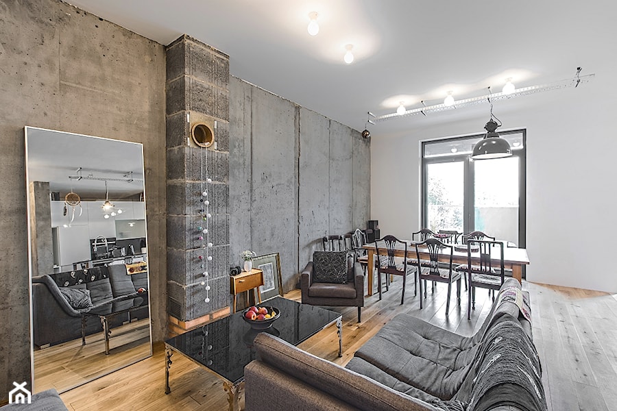 Mieszkanie Warszawa - Mały biały szary salon z jadalnią, styl industrialny - zdjęcie od Fotelstudio-Krzysiek Kulesza