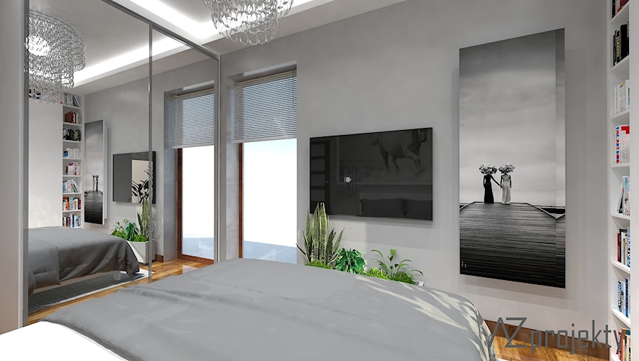 Apartament Mokotów - Mała szara sypialnia z balkonem / tarasem, styl nowoczesny - zdjęcie od AZ projekty