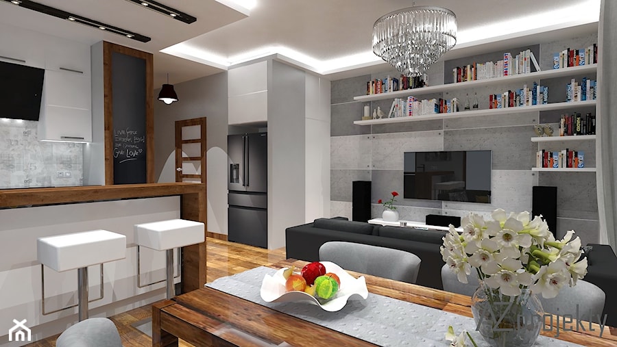 Apartament Mokotów - Średni biały szary salon z kuchnią z jadalnią, styl nowoczesny - zdjęcie od AZ projekty