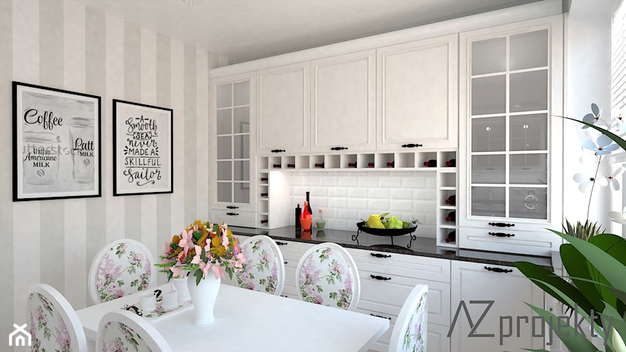 Kuchnia w stylu angielskim - Średnia otwarta z kamiennym blatem biała szara z zabudowaną lodówką kuchnia w kształcie litery l z oknem, styl tradycyjny - zdjęcie od AZ projekty