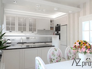 Kuchnia w stylu angielskim - Średnia otwarta z salonem z kamiennym blatem biała z zabudowaną lodówką z podblatowym zlewozmywakiem kuchnia w kształcie litery u z oknem, styl tradycyjny - zdjęcie od AZ projekty