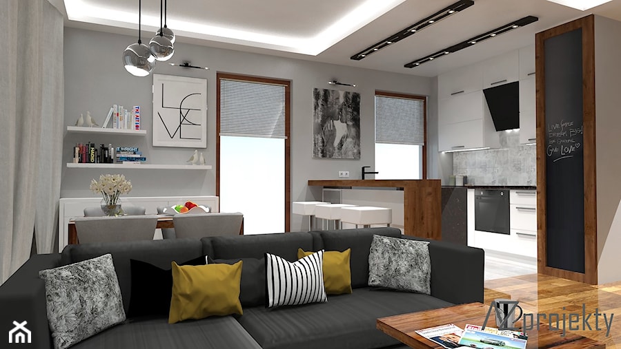 Apartament Mokotów - Średnia otwarta z salonem z kamiennym blatem biała z zabudowaną lodówką z lodówką wolnostojącą kuchnia w kształcie litery u z oknem, styl nowoczesny - zdjęcie od AZ projekty