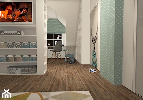 POKÓJ MAŁEGO CHŁOPCA - Mielno - Duży biały niebieski pokój dziecka dla nastolatka dla chłopca dla dziewczynki, styl skandynawski - zdjęcie od LAMPERIADA Paulina Kucharzewska
