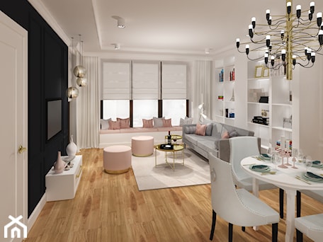 Aranżacje wnętrz - Salon: APARTAMENT WILANÓW - Średni czarny szary salon z jadalnią, styl glamour - kingawilkdesign. Przeglądaj, dodawaj i zapisuj najlepsze zdjęcia, pomysły i inspiracje designerskie. W bazie mamy już prawie milion fotografii!