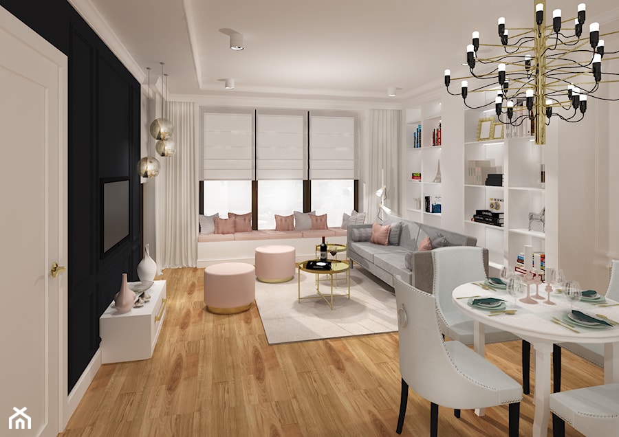 APARTAMENT WILANÓW - Średni czarny szary salon z jadalnią, styl glamour - zdjęcie od kingawilkdesign