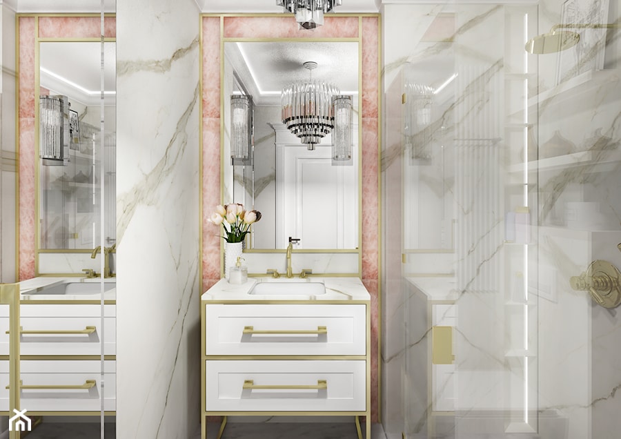 APARTAMENT WILANÓW - Średnia bez okna z lustrem z dwoma umywalkami z marmurową podłogą łazienka, styl glamour - zdjęcie od kingawilkdesign