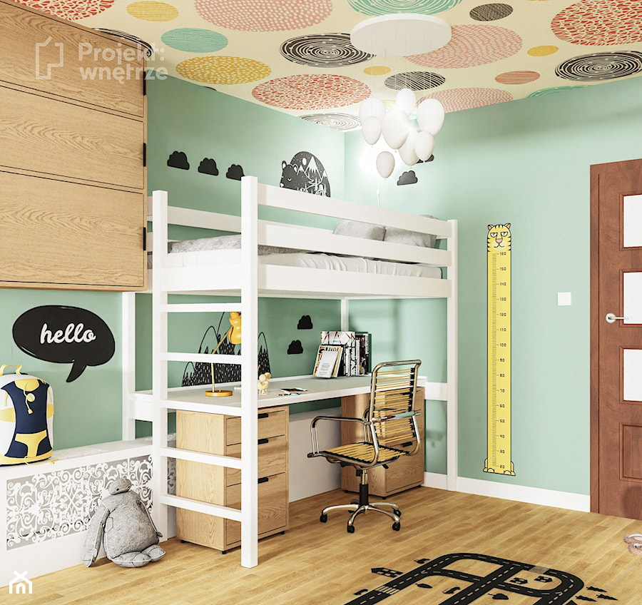Mały pokój dziecka pokój dla chłopca styl skandynawski łóżko piętrowe z biurkiem z szafą naklejki tapeta na suficie strefa spania, strefa nauki motyw balony PROJEKT: WNĘTRZE - zdjęcie od PROJEKT: WNĘTRZE