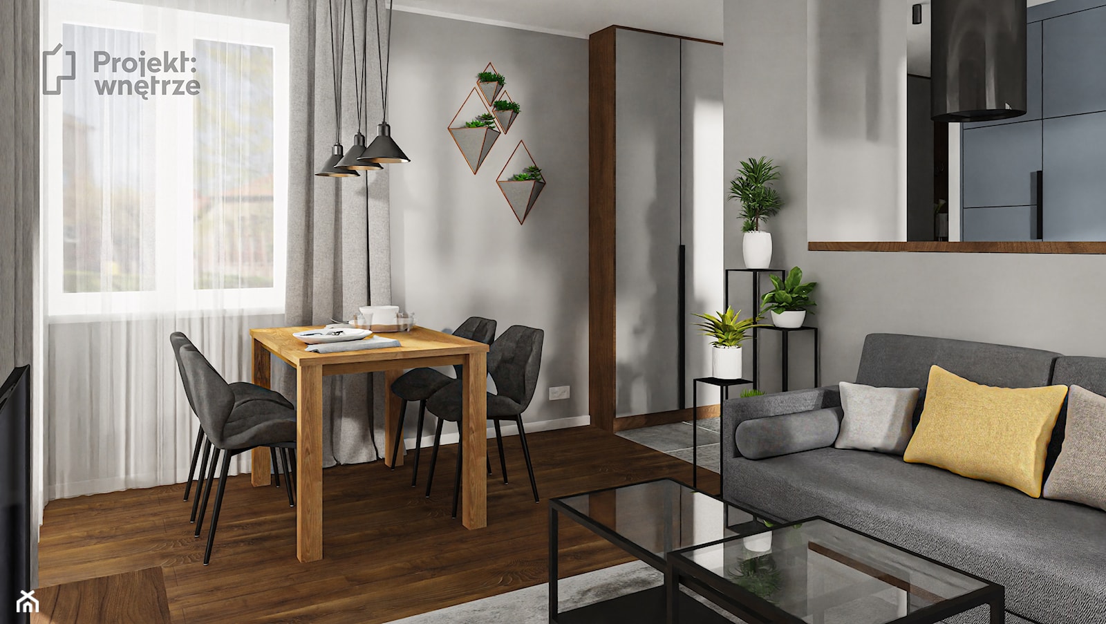 Mały salon z kuchnią jadalnią nowoczesny szary minimalistyczny beton loft ciemne drewno niebieski PROJEKT: WNĘTRZE www.projektwnetrze.com.pl - zdjęcie od PROJEKT: WNĘTRZE - Homebook