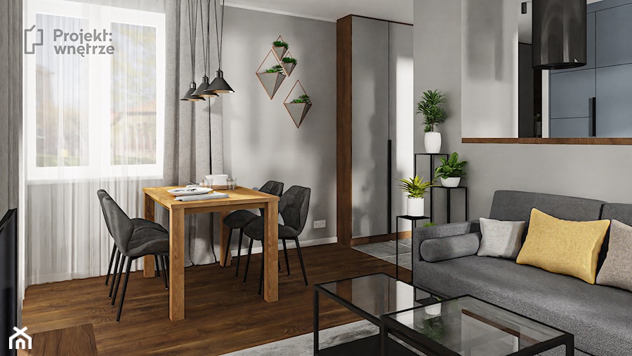 Mały salon z kuchnią jadalnią nowoczesny szary minimalistyczny beton loft ciemne drewno niebieski PROJEKT: WNĘTRZE www.projektwnetrze.com.pl - zdjęcie od PROJEKT: WNĘTRZE