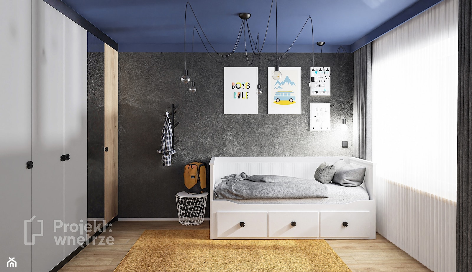 Mały pokój dziecka pokój dla chłopca nastolatka styl nowoczesny z szafą z biurkiem strefa spania, strefa nauki granatowy żółty szary PROJEKT: WNĘTRZE - zdjęcie od PROJEKT: WNĘTRZE - Homebook