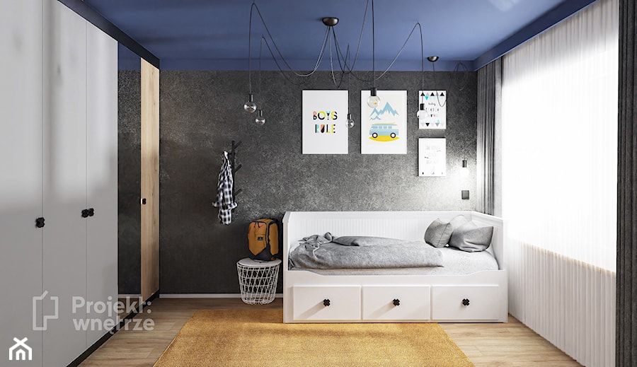 Mały pokój dziecka pokój dla chłopca nastolatka styl nowoczesny z szafą z biurkiem strefa spania, strefa nauki granatowy żółty szary PROJEKT: WNĘTRZE - zdjęcie od PROJEKT: WNĘTRZE