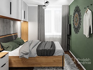 Mała szara sypialnia z szafą lustrem szafkami loft - PROJEKT: WNĘTRZE www.projektwnetrze.com.pl - zdjęcie od PROJEKT: WNĘTRZE