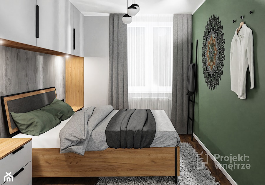 Mała szara sypialnia z szafą lustrem szafkami loft - PROJEKT: WNĘTRZE www.projektwnetrze.com.pl - zdjęcie od PROJEKT: WNĘTRZE