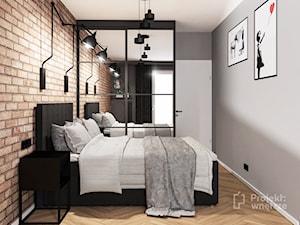 Mała sypialnia szara loft z cegłą szafą lustrem szafkami - PROJEKT: WNĘTRZE www.projektwnetrze.com.pl - zdjęcie od PROJEKT: WNĘTRZE