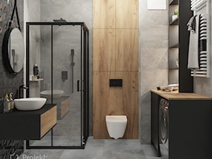 Mała łazienka z prysznicem czarna szara drewno nowoczesna loft beton industrialny mikro apartament PROJEKT: WNĘTRZE www.projektwnetrze.com.pl - zdjęcie od PROJEKT: WNĘTRZE
