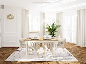 Duża jadalnia nowoczesna w salonie glamour z dużym prostokątnym stołem drewnianym białe ściany podłoga ciemne drewno jodełka PROJEKT: WNĘTRZE www.projektwnetrze.com.pl - zdjęcie od PROJEKT: WNĘTRZE