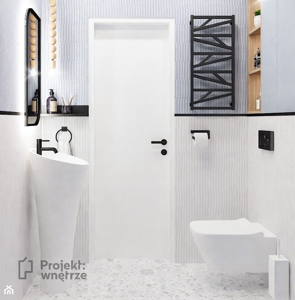 Mała z prysznicem bez okna WC umywalka wolnostojąca lamele lastryko biała łazienka lamele płytki 3D z oświetleniem punktowym styl nowoczesny PROJEKT: WNĘTRZE - zdjęcie od PROJEKT: WNĘTRZE - Homebook