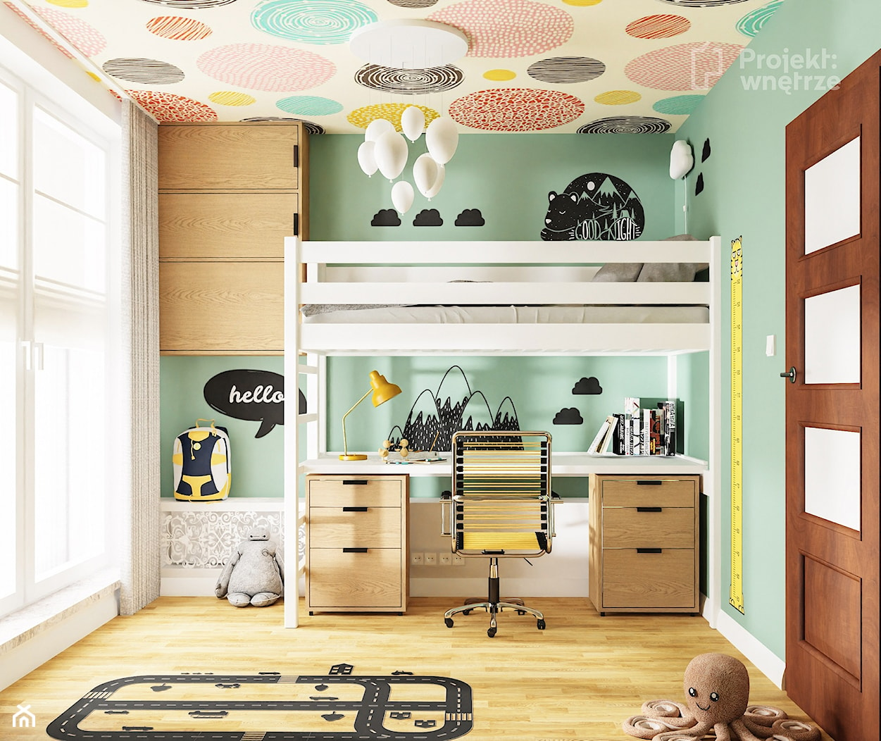 Mały pokój dziecka pokój dla chłopca styl skandynawski łóżko piętrowe z biurkiem z szafą naklejki tapeta na suficie strefa spania, strefa nauki motyw balony PROJEKT: WNĘTRZE - zdjęcie od PROJEKT: WNĘTRZE - Homebook