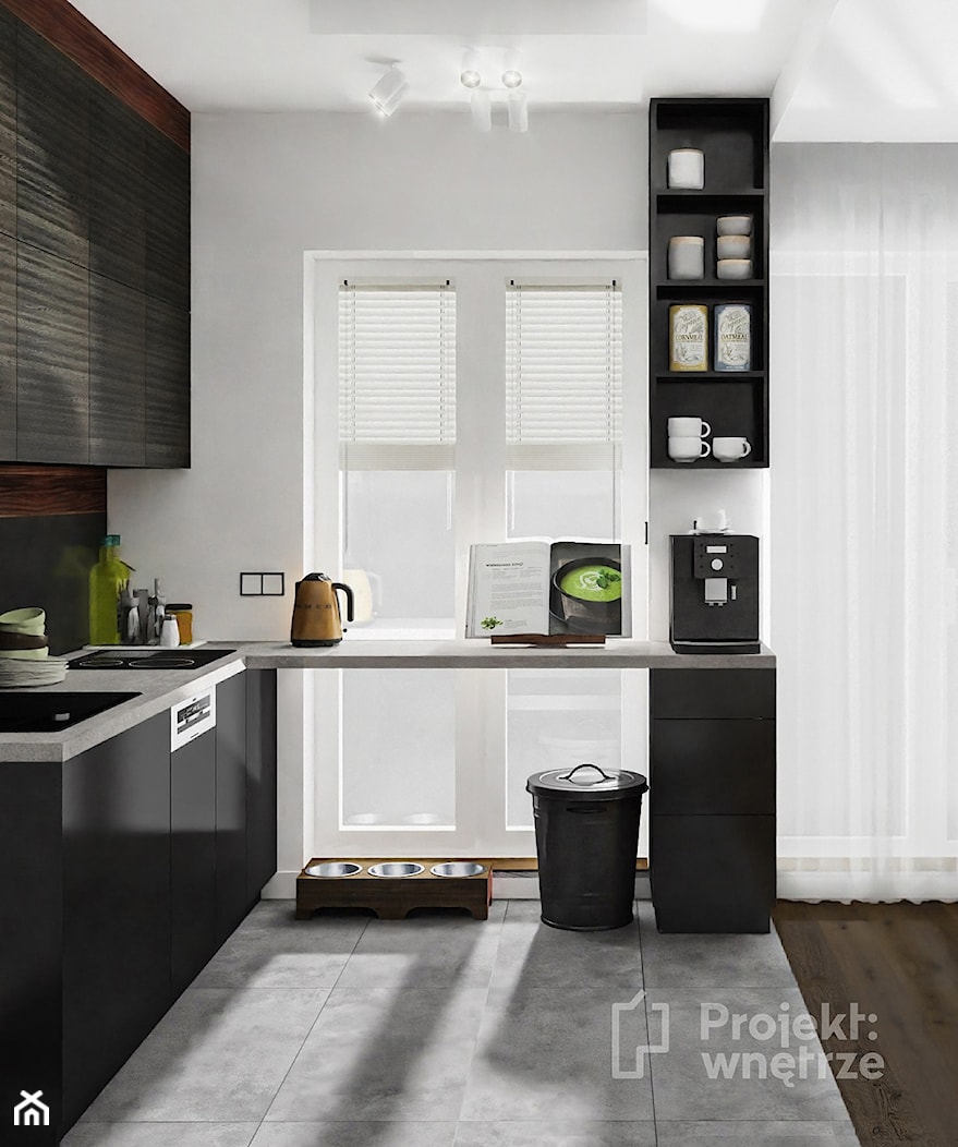 Mały salon z kuchnią jadalnią nowoczesny loft industrialny beżowy ciemne drewno czarny lamele PROJEKT: WNĘTRZE www.projektwnetrze.com.pl - zdjęcie od PROJEKT: WNĘTRZE - Homebook