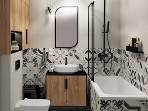 Mini-łazienka z maksi-dekorem - szarość, drewno, czerń i biel - 3,2 m2