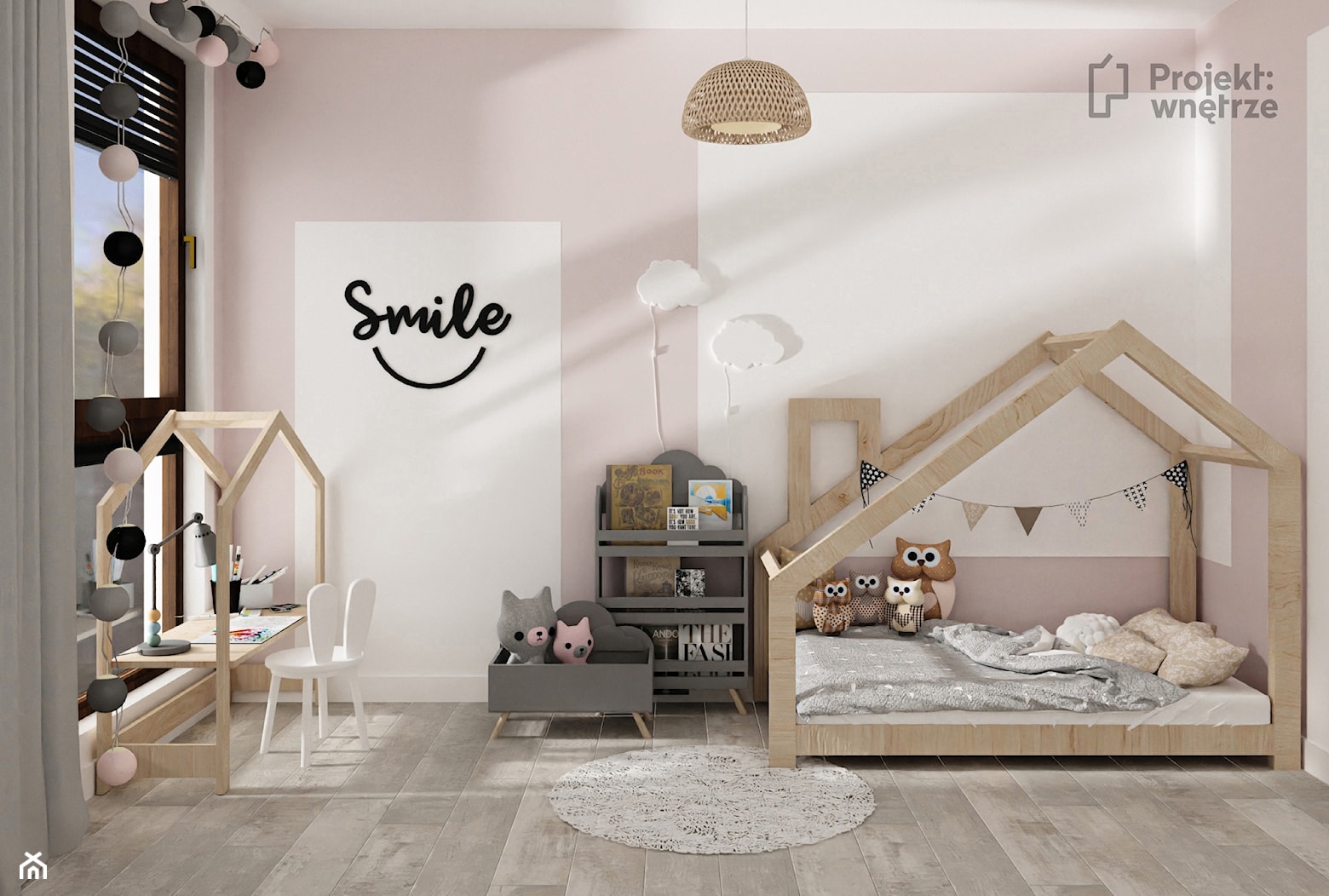 Pokój dla dziewczynki mały pokój dziecka styl skandynawski strefa zabaw dla dziecka spania nauki z biurkiem różowy szary PROJEKT: WNĘTRZE projektwnetrze.com.pl - zdjęcie od PROJEKT: WNĘTRZE - Homebook
