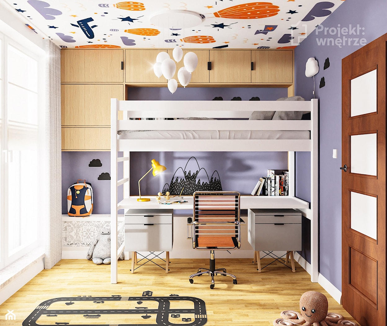 Pokój dla chłopca mały pokój dziecka łóżko piętrowe z biurkiem z szafą styl skandynawski naklejki tapeta na suficie strefa spania, strefa nauki motyw balony PROJEKT: WNĘTRZE - zdjęcie od PROJEKT: WNĘTRZE - Homebook