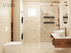 Mała łazienka, styl nowoczesny, kolor beżowy, z oknem, z prysznicem, japandi wabi sabi płytki lastryko PROJEKT:WNĘTRZ - zdjęcie od PROJEKT: WNĘTRZE
