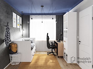 Mały pokój dziecka pokój dla chłopca nastolatka styl nowoczesny z szafą z biurkiem strefa spania, strefa nauki granatowy żółty szary PROJEKT: WNĘTRZE - zdjęcie od PROJEKT: WNĘTRZE
