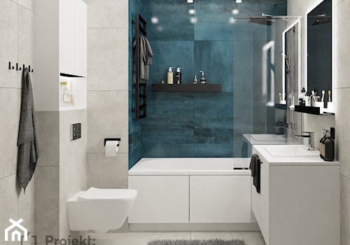 Projekt wnętrze minimalistyczna łazienka beton szarość granat czerń biel - www.projektwnetrze.com.pl - zdjęcie od PROJEKT: WNĘTRZE