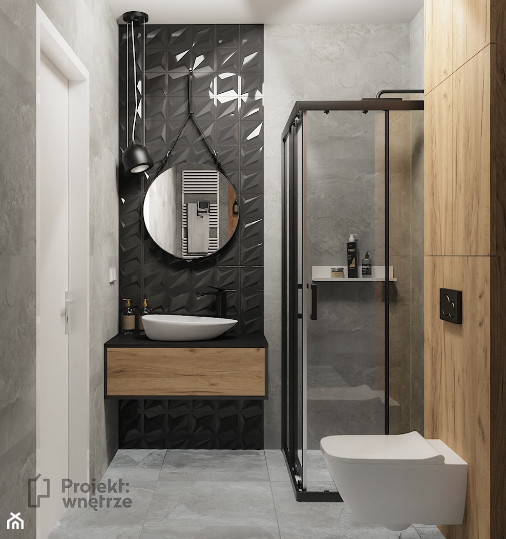 Mała łazienka z prysznicem czarna szara drewno nowoczesna loft beton industrialny mikro apartament PROJEKT: WNĘTRZE www.projektwnetrze.com.pl - zdjęcie od PROJEKT: WNĘTRZE - Homebook