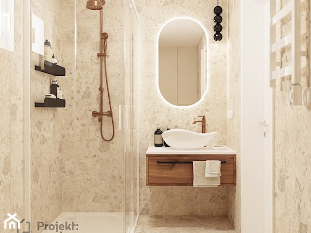 Mała łazienka, styl nowoczesny, kolor beżowy, japandi wabi sabi PROJEKT:WNĘTRZE