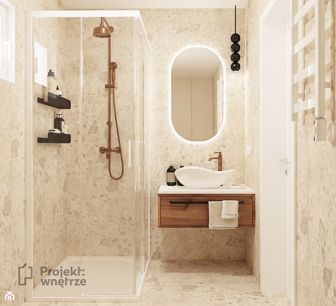 Mała łazienka, styl nowoczesny, kolor beżowy, japandi wabi sabi PROJEKT:WNĘTRZ - zdjęcie od PROJEKT: WNĘTRZE - Homebook