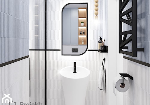 Mała z prysznicem bez okna WC umywalka wolnostojąca lamele lastryko biała łazienka lamele płytki 3D z oświetleniem punktowym styl nowoczesny PROJEKT: WNĘTRZE - zdjęcie od PROJEKT: WNĘTRZE