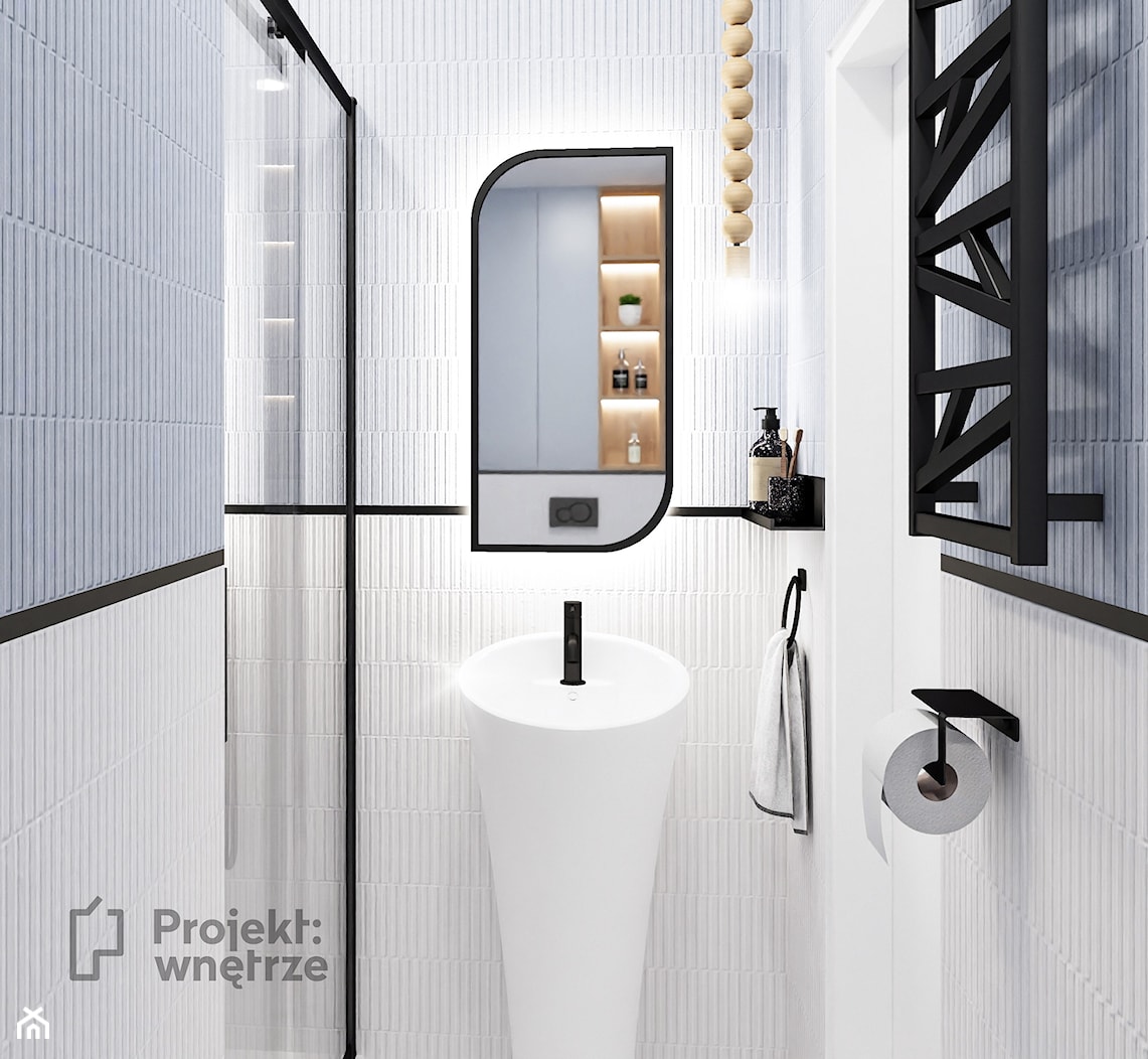 Mała z prysznicem bez okna WC umywalka wolnostojąca lamele lastryko biała łazienka lamele płytki 3D z oświetleniem punktowym styl nowoczesny PROJEKT: WNĘTRZE - zdjęcie od PROJEKT: WNĘTRZE - Homebook