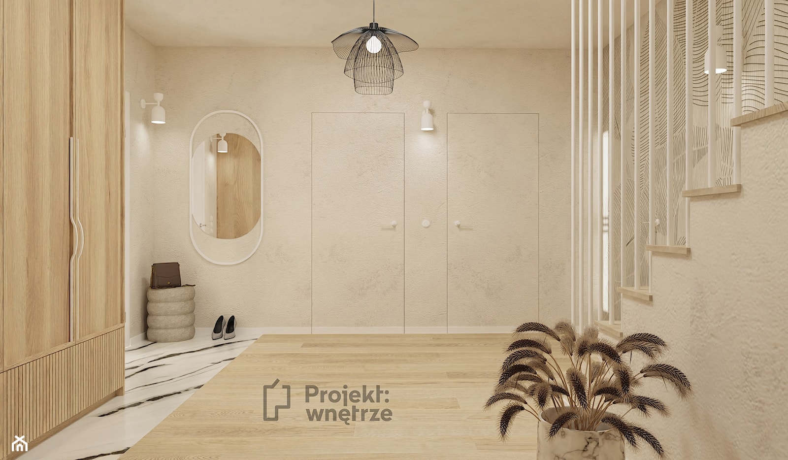 Duży beżowy hol / przedpokój biały z szafą japandi styl minimalistyczny z lustrem z siedziskiem ze schodami z zabudową meblową jasne drewno struktura dekoracyjna drzwi ukryte - PROJEKT: WNĘTRZE - zdjęcie od PROJEKT: WNĘTRZE - Homebook