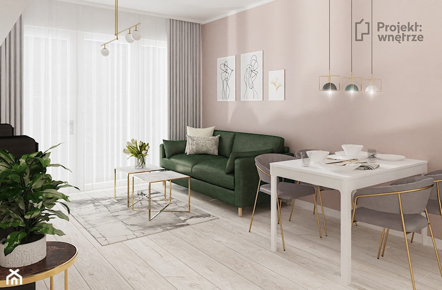 Mały nowoczesny salon z kuchnią jadalnią w bloku minimalistyczny biały szary różowy jasne drewno złoto różowe ściany PROJEKT: WNĘTRZE projektwnetrze.com.pl - zdjęcie od PROJEKT: WNĘTRZE