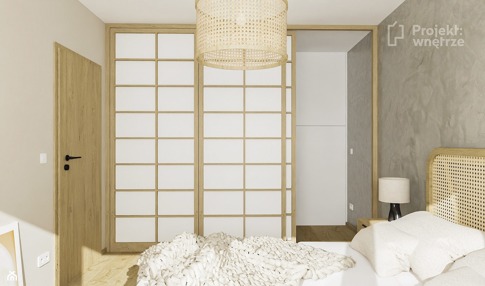 Sypialnia szara japandi z szafą lustrem garderobą szafkami mała PROJEKT: WNĘTRZE - 2 wersje - zdjęcie od PROJEKT: WNĘTRZE - Homebook