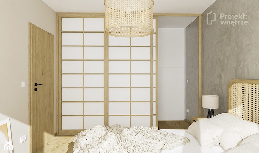 Sypialnia szara japandi z szafą lustrem garderobą szafkami mała PROJEKT: WNĘTRZE - 2 wersje - zdjęcie od PROJEKT: WNĘTRZE