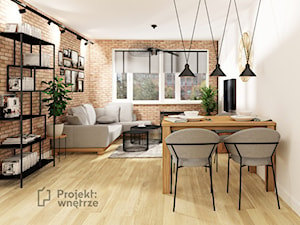 Mały szary salon z kuchnią jadalnią loft cegła czarny PROJEKT: WNĘTRZE www.projektwnetrze.com.pl - zdjęcie od PROJEKT: WNĘTRZE