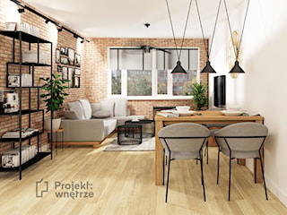 Mikro apartament mały salon z kuchnią jadalnią loft cegła szary