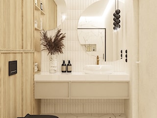 Mała łazienka japandi z prysznicem bez okna beżowa drewno białe płytki odpływ li