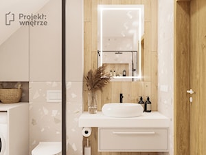 Duża na poddaszu łazienka japandi z oknem z oświetleniem punktowym z wanną i prysznicem z pralką suszarką lastryko terrazzo beżowa szafka wisząca łazienka projektwnetrze.com.pl - zdjęcie od PROJEKT: WNĘTRZE