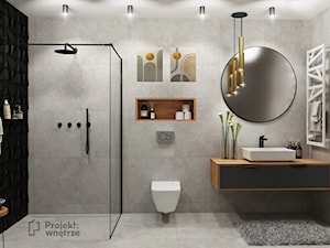 Średnia bez okna z szarymi płytkami z prysznicem z punktowym oświetleniem z umywalką nablatową szafka wisząca styl minimalistyczny PROJEKT: WNĘTRZE projektwnetrze.com.pl - zdjęcie od PROJEKT: WNĘTRZE